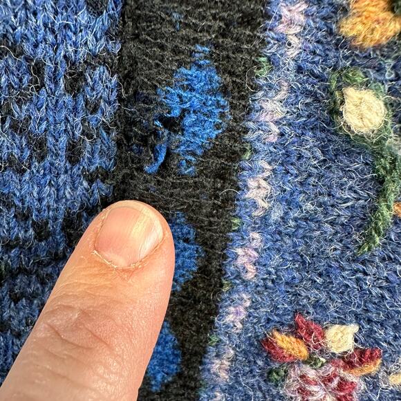 Newton Trading Co Blue Floral Shetland Wool Zip Sweater Womens Medium Grandma - Picture 9 of 16